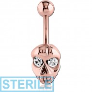 STERILE ROSE GOLD PVD COATED SURGICAL STEEL JEWELLED NAVEL BANANA WITH DANGLING CHARM - SKULL PIERCING