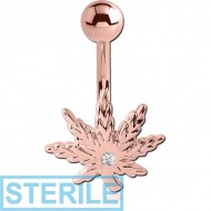 STERILE ROSE GOLD PVD COATED BRASS JEWELLED NAVEL BANANA - MARIJUANA LEAF PIERCING