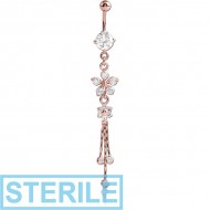 STERILE ROSE GOLD PVD COATED BRASS JEWELLED NAVEL BANANA WITH DANGLING CHARM - FLOWERS PIERCING