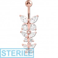 STERILE ROSE GOLD PVD COATED BRASS JEWELLED BUTTERFLY NAVEL BANANA WITH DANGLING CHARM - BUTTERFLY PIERCING