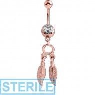 STERILE ROSE GOLD PVD COATED SURGICAL STEEL JEWELLED NAVEL BANANA WITH DANGLING CHARM - FEATHER PIERCING