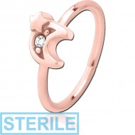 STERILE ROSE GOLD PVD COATED SURGICAL STEEL JEWELLED SEAMLESS RING - CRESCENT AND STAR PIERCING