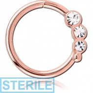 STERILE ROSE GOLD PVD COATED SURGICAL STEEL VALUE JEWELLED SEAMLESS RING - LEFT - TRIPLE GEM PIERCING