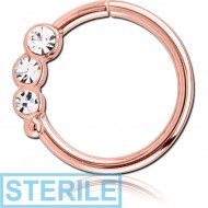 STERILE ROSE GOLD PVD COATED SURGICAL STEEL JEWELLED SEAMLESS RING - RIGHT - TRIPLE GEM