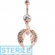STERILE ROSE GOLD PVD COATED BRASS DOUBLE JEWELLED NAVEL BANANA WITH WINGS CHARM PIERCING
