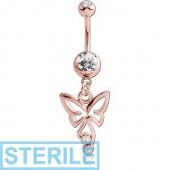 STERILE ROSE GOLD PVD COATED BRASS DOUBLE JEWELLED NAVEL BANANA WITH BUTTERFLY CHARM PIERCING