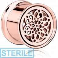 STERILE ROSE GOLD PVD COATED STAINLESS STEEL DOUBLE FLARED INTERNALLY THREADED TUNNEL - FLOWER PIERCING