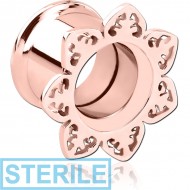 STERILE ROSE GOLD PVD COATED STAINLESS STEEL DOUBLE FLARED INTERNALLY THREADED TUNNEL - FLOWER