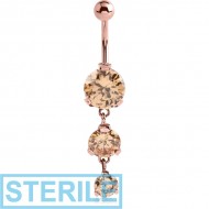 STERILE ROSE GOLD PVD COATED SURGICAL STEEL TRIPLE ROUND CZ JEWELLED WITH DANGLING NAVEL BANANA PIERCING