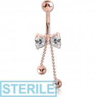 STERILE ROSE GOLD PVD COATED SURGICAL STEEL JEWELLED BOW NAVEL BANANA PIERCING