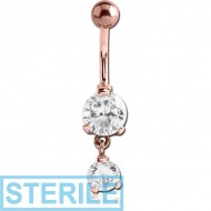 STERILE ROSE GOLD PVD COATED SURGICAL STEEL DOUBLE ROUND CZ JEWELLED WITH DANGLING NAVEL BANANA PIERCING