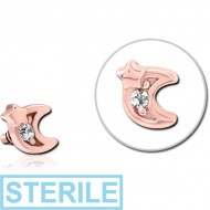 STERILE ROSE GOLD PVD COATED SURGICAL STEEL JEWELLED ATTACHMENT FOR 1.6MM INTERNALLY THREADED PINS - CRESCENT AND STAR PIERCING