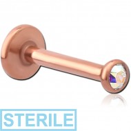 STERILE ROSE GOLD PVD COATED SURGICAL STEEL INTERNALLY THREADED HIGH END CRYSTAL JEWELLED MICRO LABRET PIERCING