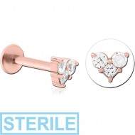 STERILE ROSE GOLD PVD COATED SURGICAL STEEL INTERNALLY THREADED JEWELLED MICRO LABRET PIERCING