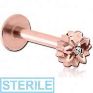 STERILE ROSE GOLD PVD COATED SURGICAL STEEL INTERNALLY THREADED JEWELLED MICRO LABRET FLOWER PIERCING