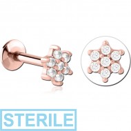 STERILE ROSE GOLD PVD COATED SURGICAL STEEL INTERNALLY THREADED JEWELLED MICRO LABRET - FLOWER PIERCING