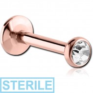 STERILE ROSE GOLD PVD COATED SURGICAL STEEL INTERNALLY THREADED LABRET WITH JEWELLED DISC PIERCING