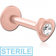 STERILE ROSE GOLD PVD COATED SURGICAL STEEL INTERNALLY THREADED MICRO LABRET WITH JEWELLED HEART PIERCING