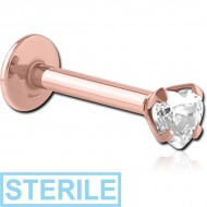 STERILE ROSE GOLD PVD COATED SURGICAL STEEL INTERNALLY THREADED HEART PRONG SET JEWELLED MICRO LABRET PIERCING