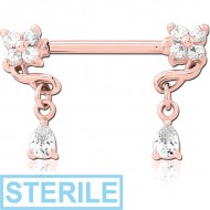 STERILE ROSE GOLD PVD COATED SURGICAL STEEL NIPPLE PIERCING INTERNAL THREADED BAR WITH MOVING CHARM FINE JEWELLED PIERCING