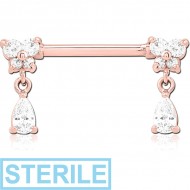 STERILE ROSE GOLD PVD COATED SURGICAL STEEL NIPPLE PIERCING INTERNAL THREADED BAR WITH MOVING CHARM FINE JEWELLED PIERCING