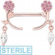 STERILE ROSE GOLD PVD COATED SURGICAL STEEL NIPPLE PIERCING INTERNAL THREADED BAR WITH MOVING CHARM FINE JEWELLED PIERCING