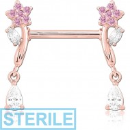STERILE ROSE GOLD PVD COATED SURGICAL STEEL NIPPLE PIERCING INTERNAL THREADED BAR WITH MOVING CHARM FINE JEWELLED PIERCING