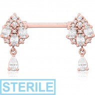 STERILE ROSE GOLD PVD COATED SURGICAL STEEL NIPPLE PIERCING INTERNAL THREADED BAR WITH MOVING CHARM FINE JEWELLED PIERCING
