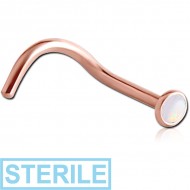 STERILE ROSE GOLD PVD COATED SURGICAL STEEL JEWELLED CURVED NOSE STUD WITH SYNTHETIC OPAL PIERCING