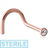STERILE ROSE GOLD PVD COATED SURGICAL STEEL SWAROVSKI CRYSTAL JEWELLED LARGE LEFT CURVE NOSE STUD PIERCING