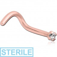 STERILE ROSE GOLD PVD COATED SURGICAL STEEL LARGE LEFT CURVED PRONG SET 1.5MM JEWELLED NOSE STUD PIERCING
