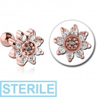 STERILE ROSE GOLD PVD COATED SURGICAL STEEL JEWELLED TRAGUS MICRO BARBELL - FLOWER PIERCING