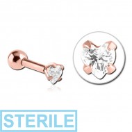 STERILE ROSE GOLD PVD COATED SURGICAL STEEL HEART PRONG SET JEWELLED TRAGUS MICRO BARBELL PIERCING