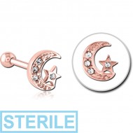 STERILE ROSE GOLD PVD COATED SURGICAL STEEL JEWELLED TRAGUS MICRO BARBELL - CRESCENT AND STAR PIERCING