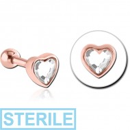 STERILE ROSE GOLD PVD COATED SURGICAL STEEL JEWELLED TRAGUS MICRO BARBELL - HEART PIERCING