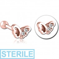 STERILE ROSE GOLD PVD COATED SURGICAL STEEL JEWELLED TRAGUS MICRO BARBELL - BUTTERFLY PIERCING