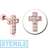 STERILE ROSE GOLD PVD COATED SURGICAL STEEL JEWELLED TRAGUS MICRO BARBELL - CROSS PIERCING