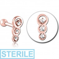STERILE ROSE GOLD PVD COATED SURGICAL STEEL JEWELLED TRAGUS MICRO BARBELL - THREE CIRCLES PIERCING