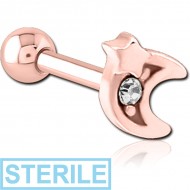 STERILE ROSE GOLD PVD COATED SURGICAL STEEL JEWELLED TRAGUS MICRO BARBELL - CRESCENT AND STAR PIERCING