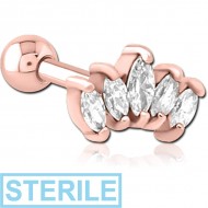 STERILE ROSE GOLD PVD COATED SURGICAL STEEL JEWELLED TRAGUS MICRO BARBELL - FIVE GEMS PIERCING