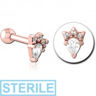 STERILE ROSE GOLD PVD COATED SURGICAL STEEL JEWELLED TRAGUS MICRO BARBELL - JESTER HAT PIERCING