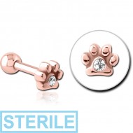 STERILE ROSE GOLD PVD COATED SURGICAL STEEL JEWELLED TRAGUS MICRO BARBELL - ANIMAL PAW CENTER GEM PIERCING
