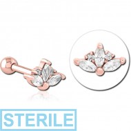 STERILE ROSE GOLD PVD COATED SURGICAL STEEL JEWELLED TRAGUS MICRO BARBELL PIERCING