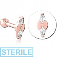 STERILE ROSE GOLD PVD COATED SURGICAL STEEL JEWELLED TRAGUS MICRO BARBELL - BOW TIE PIERCING