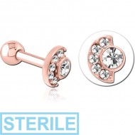 STERILE ROSE GOLD PVD COATED SURGICAL STEEL JEWELLED TRAGUS MICRO BARBELL - MOON AND STARS PIERCING