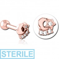 STERILE ROSE GOLD PVD COATED SURGICAL STEEL JEWELLED TRAGUS MICRO BARBELL - PLAIN MOON AND STARS PIERCING