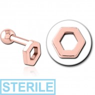 STERILE ROSE GOLD PVD COATED SURGICAL STEEL TRAGUS MICRO BARBELL - HEXAGON PIERCING
