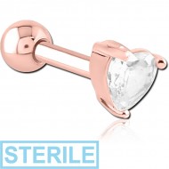 STERILE ROSE GOLD PVD COATED SURGICAL STEEL JEWELLED TRAGUS MICRO BARBELL - HEART PIERCING