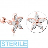 STERILE ROSE GOLD PVD COATED SURGICAL STEEL JEWELLED TRAGUS MICRO BARBELL - FLOWER PIERCING
