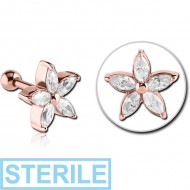 STERILE ROSE GOLD PVD COATED SURGICAL STEEL JEWELLED TRAGUS MICRO BARBELL - FLOWER PIERCING